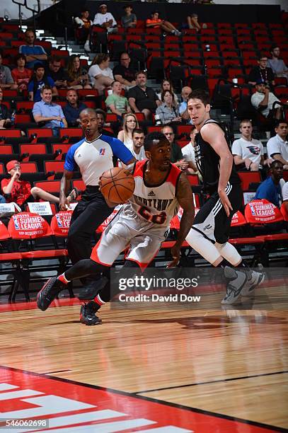 Russ Smith of the Portland Trail Blazers drives to the basket against the San Antonio Spurs during the 2016 NBA Las Vegas Summer League game on July...