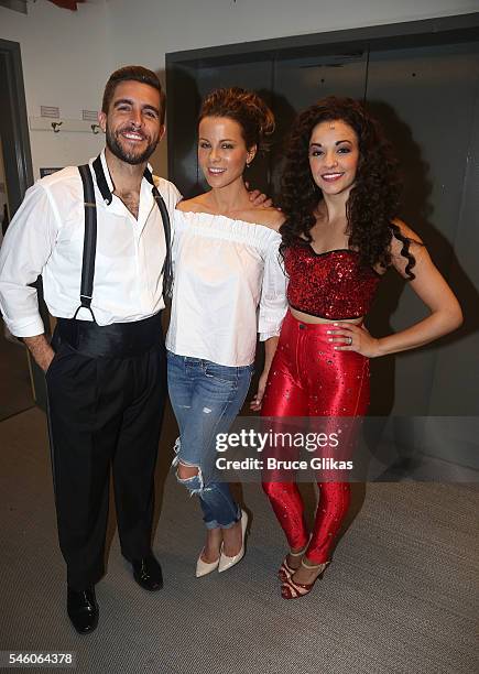 Josh Segarra as "Emilio Estefan", Kate Beckinsdale and Ana Villafane as "Gloria Estefan" pose backstage at the hit Emilio & Gloria Estefan musical...