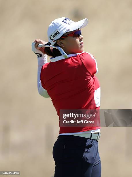 Amy Yang of South Korea hits a tee shot on the fourth hole during the final round of the U.S. Women's Open at the CordeValle Golf Club on July 10,...