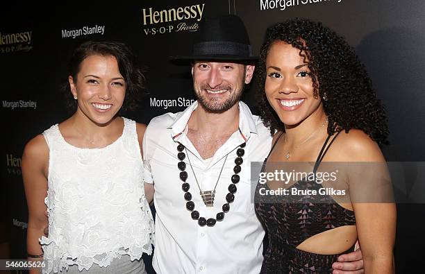 Morgan Marcell, Roddy Kennedy and Alysha Deslorieux pose at the after party for Lin-Manue Miranda final show in "Hamilton" on Broadway at The R...