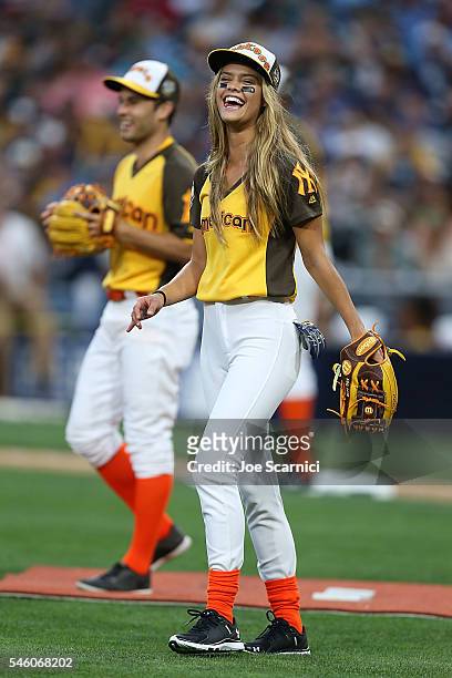 Nina Agdal in action at the MLB 2016 All-Star Legends and Celebrity Softball Game at PETCO Park on July 10, 2016 in San Diego, California.