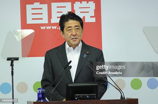 Shinzo Abe, Japan's Prime Minister and President of the Liberal Democratic Party , holds a press conference after the ruling coalition of the LDP and...