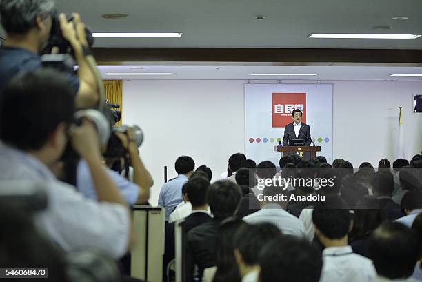 Shinzo Abe, Japan's Prime Minister and President of the Liberal Democratic Party , holds a press conference after the ruling coalition of the LDP and...