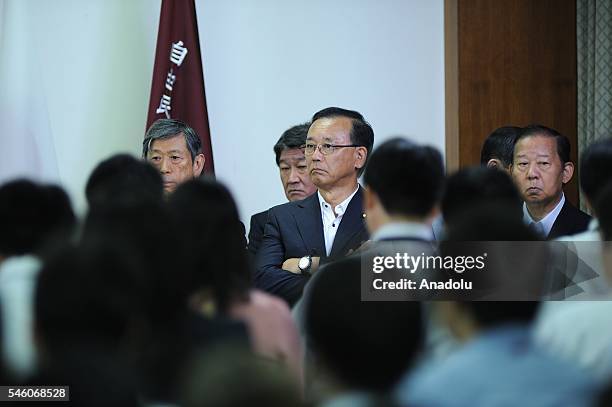 Chief Secretariat of the Liberal Democratic Party Tanagki Sadakazu is seen near Vice President of the Party Masahiko Komura as Shinzo Abe, Japan's...