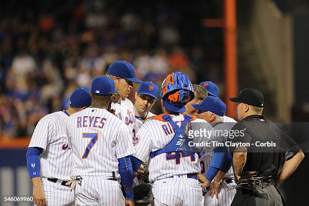 July 08: Pitcher Noah Syndergaard of the New York Mets talking with Manager Terry Collins before coming out of the game in the fifth inning during...
