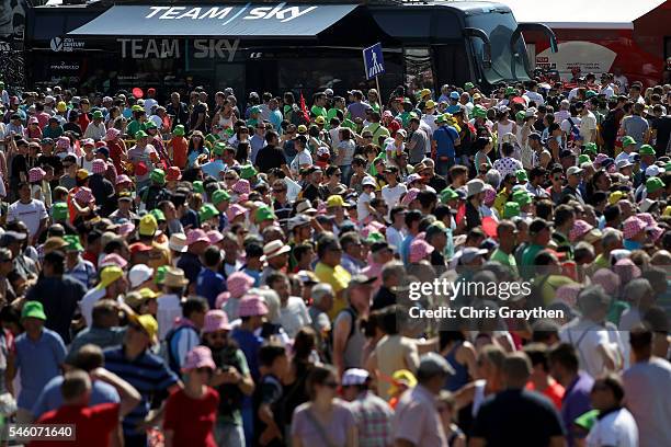 Fans wait for the start of stage nine of the 2016 Le Tour de France, a 184.5km stage from Vielha Val d'Aran to Andorre Arcalis at on July 10, 2016 in...