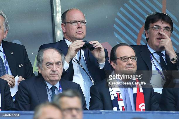 Prince Albert II of Monaco, UEFA General Secretary ad interim Theodore Theodoridis, above President of French Football Federation FFF Noel Le Graet,...