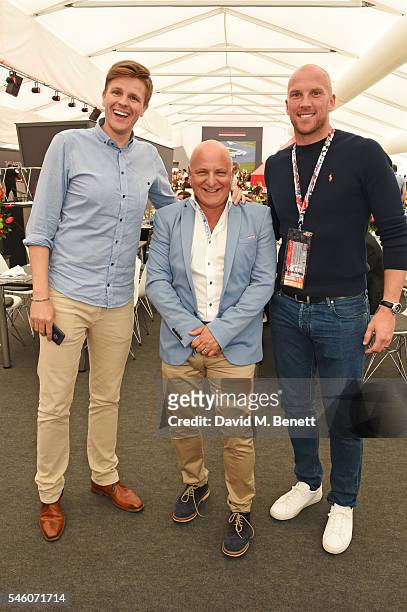 Jake Humphrey, Aldo Zilli and John Ruddy attend the British Grand Prix in the Drivers Lounge at Silverstone on July 10, 2016 in Northampton, England.