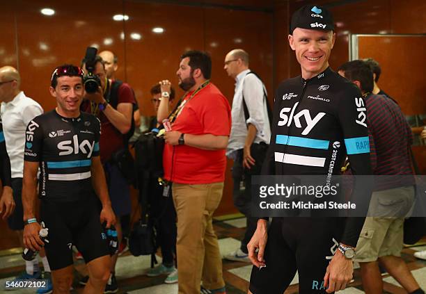 Chris Froome of Great Britain and Team Sky overall leader of Le Tour de France after eight stages attends a press conference alongside Sergio Henao...