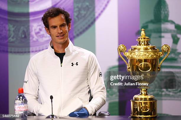 Andy Murray of Great Britain attends the winner's press conference at Wimbledon on July 11, 2016 in London, England.