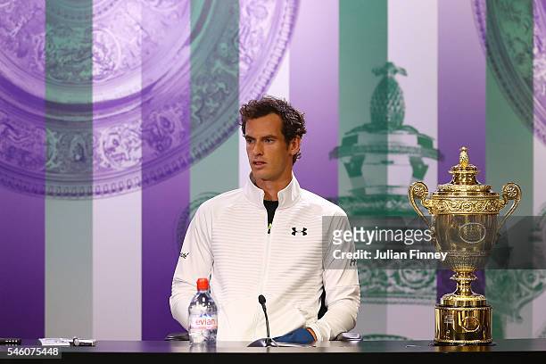 Andy Murray of Great Britain attends the winner's press conference at Wimbledon on July 11, 2016 in London, England.
