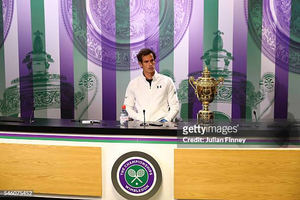 Andy Murray of Great Britain attends the winner's press conference at Wimbledon on July 11, 2016 in London, England.