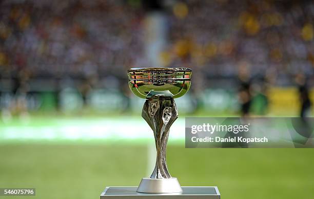 The trophy is seen prior to the UEFA Under19 European Championship match between U19 Germany and U19 Italy at Mercedes-Benz Arena on July 11, 2016 in...