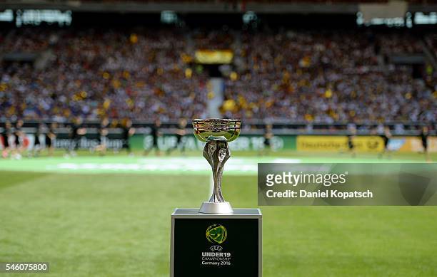 The trophy is seen prior to the UEFA Under19 European Championship match between U19 Germany and U19 Italy at Mercedes-Benz Arena on July 11, 2016 in...