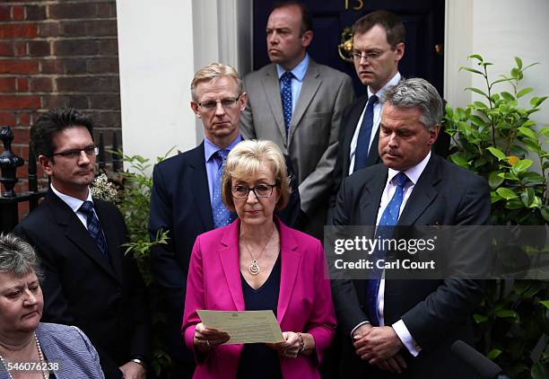 Andrea Leadsom MP speaks to the media as she announces her withdrawal from the Conservative leadership race at Cowley Street race on July 11, 2016 in...