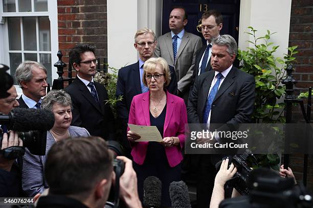 Andrea Leadsom MP speaks to the media as she announces her withdrawal from the Conservative leadership race at Cowley Street race on July 11, 2016 in...