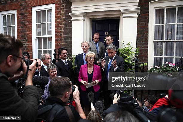 Andrea Leadsom MP speaks to the media as she announces her withdrawal from the Conservative leadership race at Cowley Street race on July 11, 2016 in...