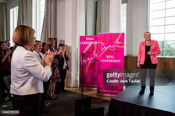 Former Shadow Cabinet Minister Angela Eagle is applauded as she launches her bid for Labour leadership at a press conference at Savoy Place on July...