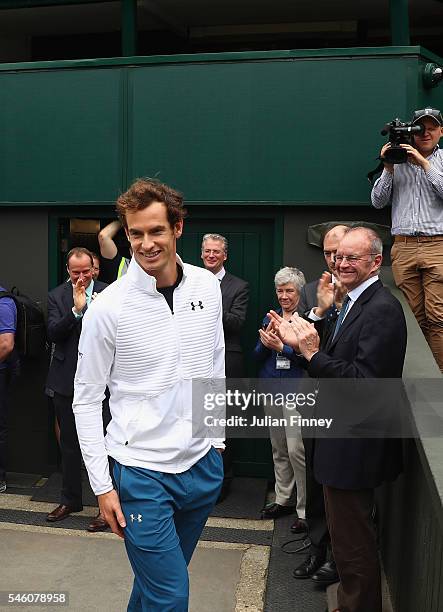 Andy Murray of Great Britain revisits centre court at Wimbledon on July 11, 2016 in London, England.