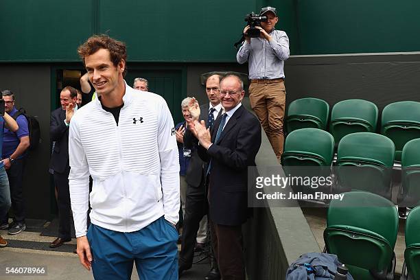 Andy Murray of Great Britain revisits centre court at Wimbledon on July 11, 2016 in London, England.