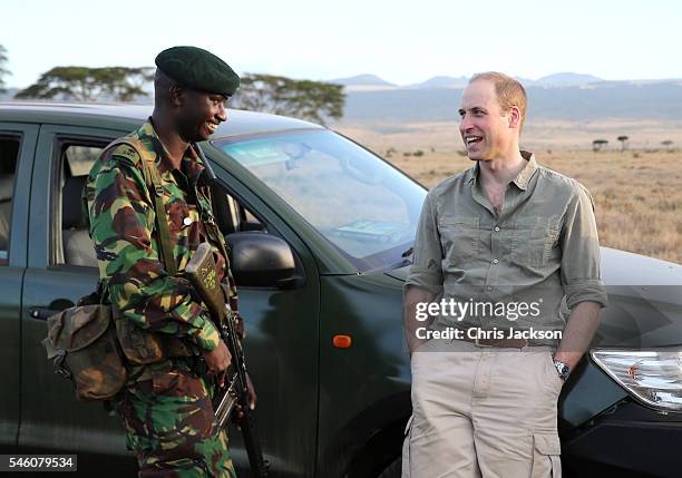 Prince William, Duke of Cambridge, Royal Patron of Tusk and President of United For Wildlife, enjoys a joke with Edward Ndiritu, Head of Security at...