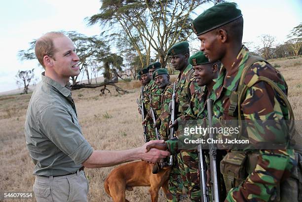 Prince William, Duke of Cambridge, Royal Patron of Tusk and President of United For Wildlife, meets armed rangers at the Lewa Wildlife Conservancy...