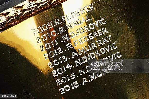 Detail shot of the trophy after Andy Murray of Great Britain revisited centre court at Wimbledon on July 11, 2016 in London, England.