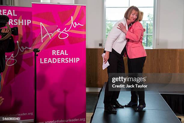 Former Deputy Leader of the Labour Party Harriet Harman embraces former Shadow Cabinet Minister Angela Eagle as she launches her bid for the Labour...