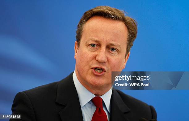 British Prime Minister David Cameron gives a speech at the Farnborough International Airshow on July 11, 2016 in Farnborough, United Kingdom.Mr...