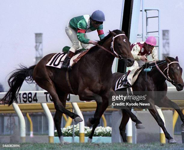 Japan - Photo shows Symboli Rudolf and jockey Yukio Okabe winning the Japanese Derby in Tokyo in 1984. The seven-time Grade One winner in Japan died...