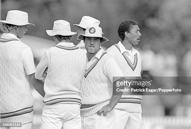 England captain Mike Gatting with team-mates Graham Dilley, David Gower, Phil Edmonds and Phillip DeFreitas during the 3rd Test match between...