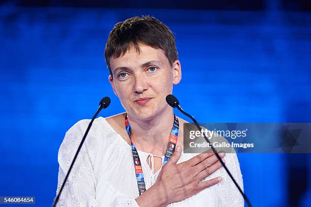 Nadiya Savchenko speaks during her press conference during the NATO Warsaw Summit on July 9, 2016 in Warsaw, Poland. Nadiya Savchenko is a Ukrainian...