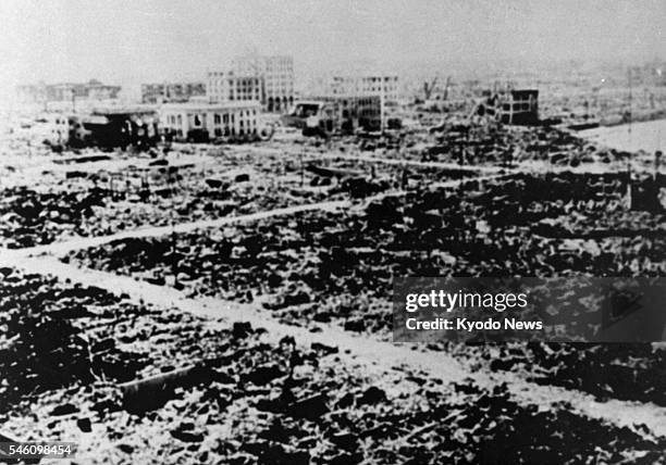 Japan - This file photo taken from the Hiroshima Chamber of Commerce shows central Hiroshima City in ruins after the U.S. Atomic bombing. The photo...