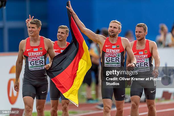 Lucas Jakubczyk, Sven Knipphals, Julian Reus, Roy Schmidt of Germany winning the bronce medal in the menÕs 4x100m relay finals at the Olympic Stadium...