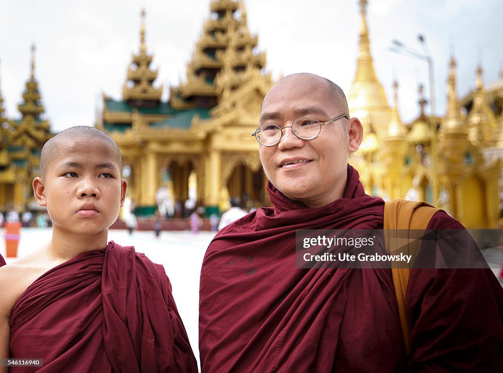 Monks in the Shwedagon Pagoda in Yangon