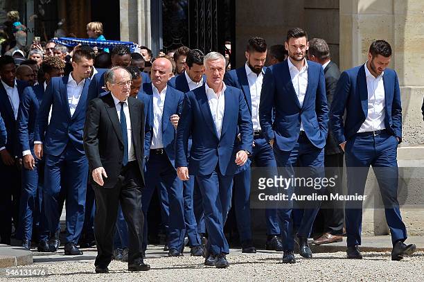 The President of the French soccer federation Noel Le Graet the Coach Didier Deschamps , the Captain Hugo Lloris and Andre-Pierre Gignac arrive at...