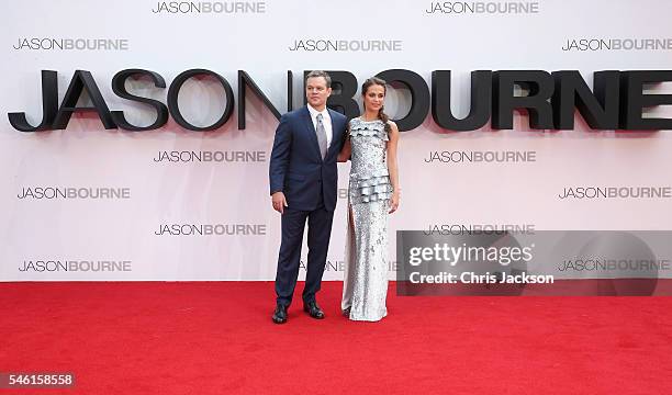 Matt Damon and Alicia Vikander attend the "Jason Bourne" European premiere at the Odeon Leicester Square on July 11, 2016 in London, England.