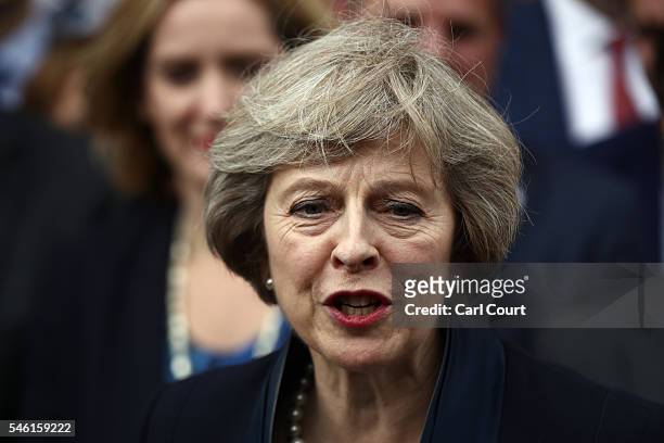 British Home Secretary Theresa May makes a statement after Andrea Leadsom pulled out of the contest earlier today to become Conservative Party leader...