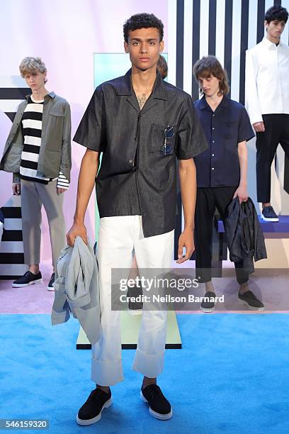 Model poses wearing Plac at the Plac Presentation during New York Fashion Week: Men's S/S 2017 at Industria Superstudio on July 11, 2016 in New York...