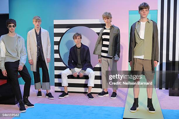 Model's pose wearing Plac at the Plac Presentation during New York Fashion Week: Men's S/S 2017 at Industria Superstudio on July 11, 2016 in New York...