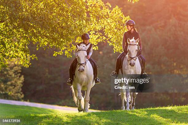 two young women riding horses in nature - reden stockfoto's en -beelden