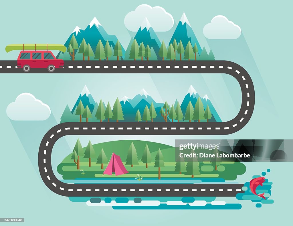 Landschafts-Infografik - Reisende zu ihren Urlaubszielen