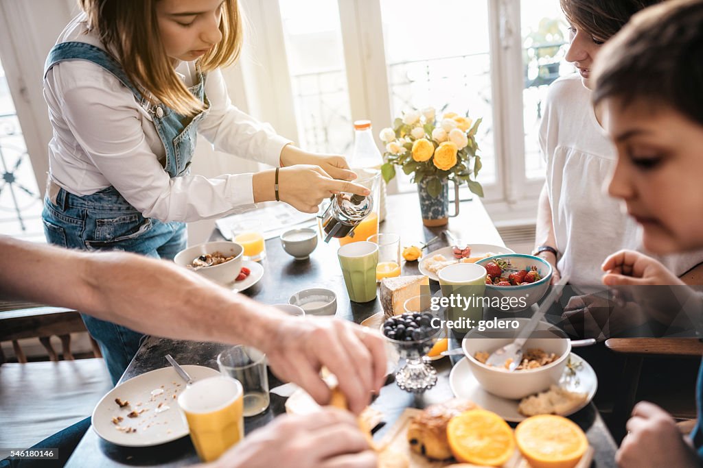 Family having breakfast together at home