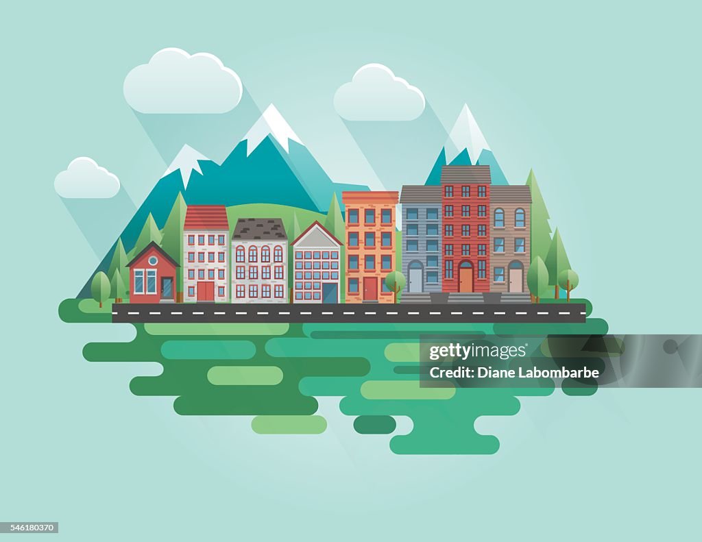 Flat Design Cityscape with Mountains