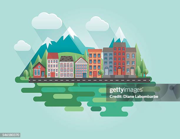 flat design cityscape with mountains - landscape city stock illustrations