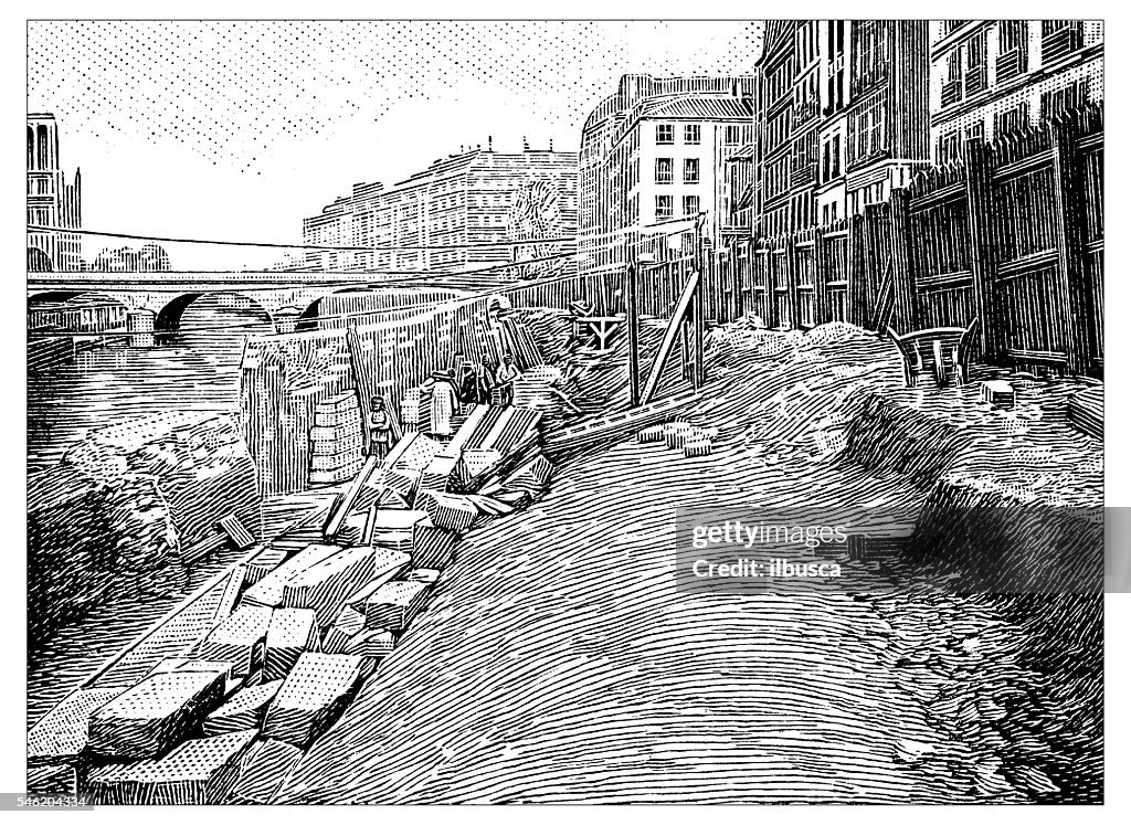Antique illustration of works for the construction of Paris subway