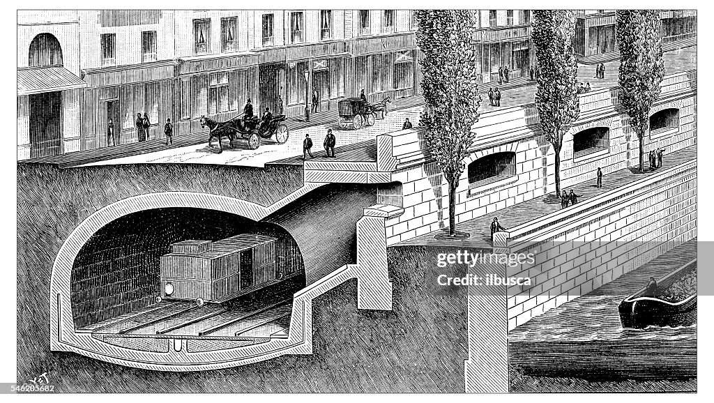 Antique illustration of works for the construction of Paris subway