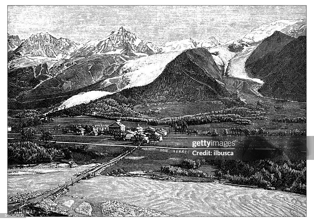 Antique illustration of Glacier des Bossons and Taconnaz
