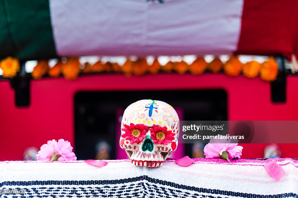 USA, California, Close up of Dia de Muertos decorated skull