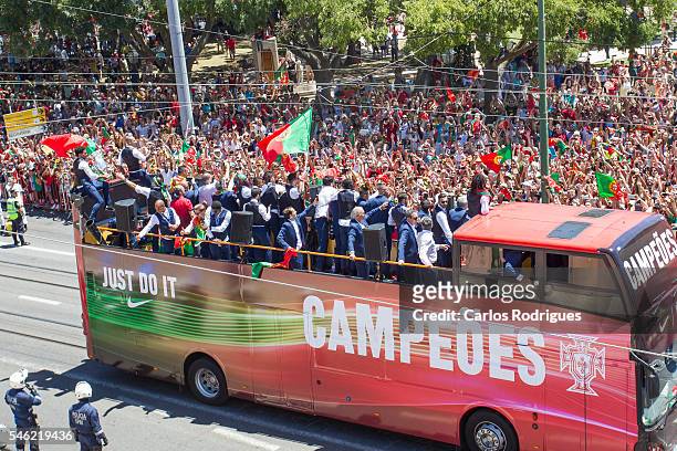 Portugal national team bus during the Portugal Euro 2016 Victory Parade at Lisbon on July 11, 2016 in Lisbon, Portugal.